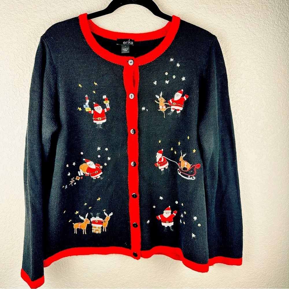 Erika vintage holiday black cardigan  sweater santa reindeer Santa large